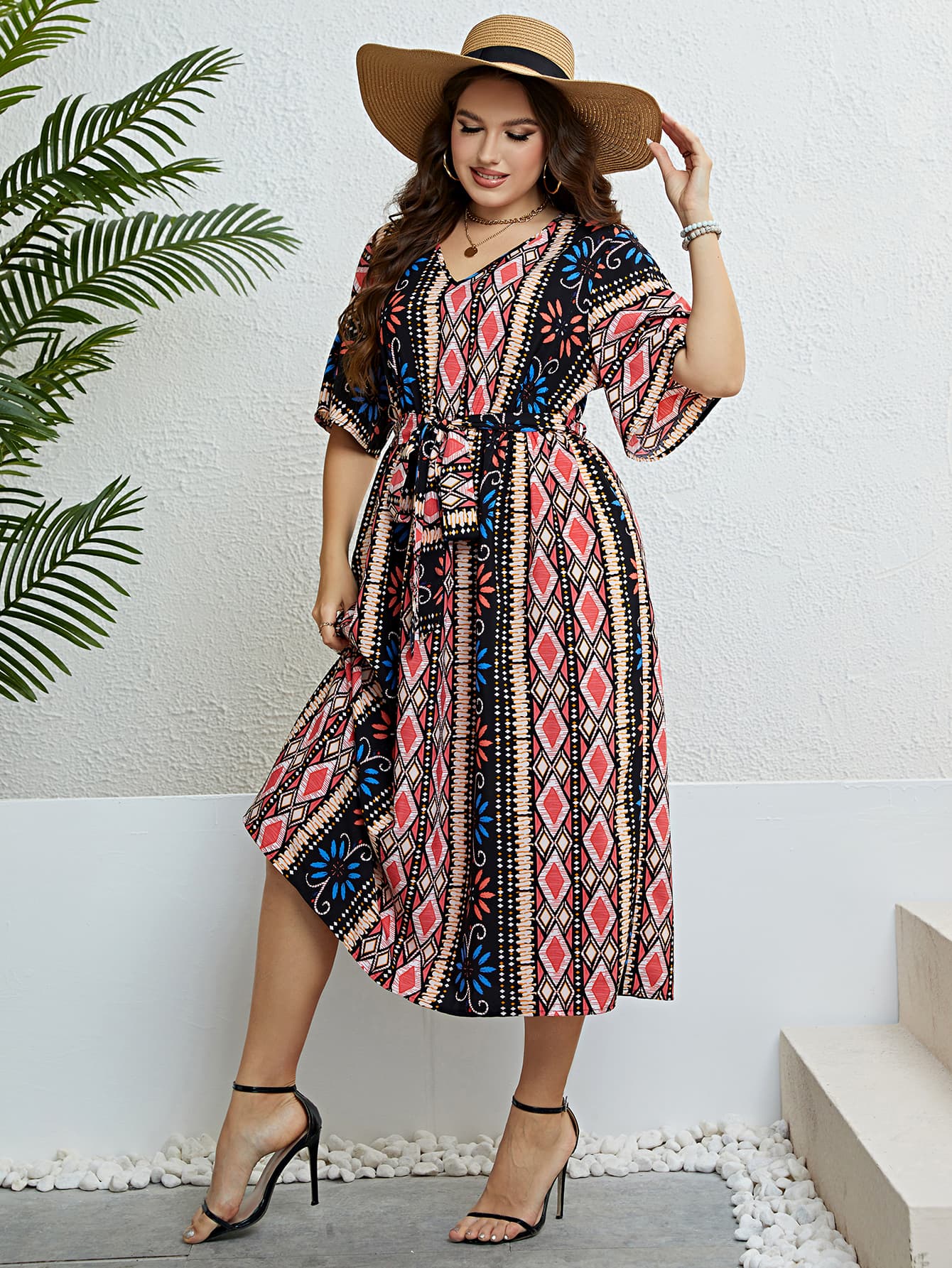 Bohemian V-Neck Tie Belt Midi Dress