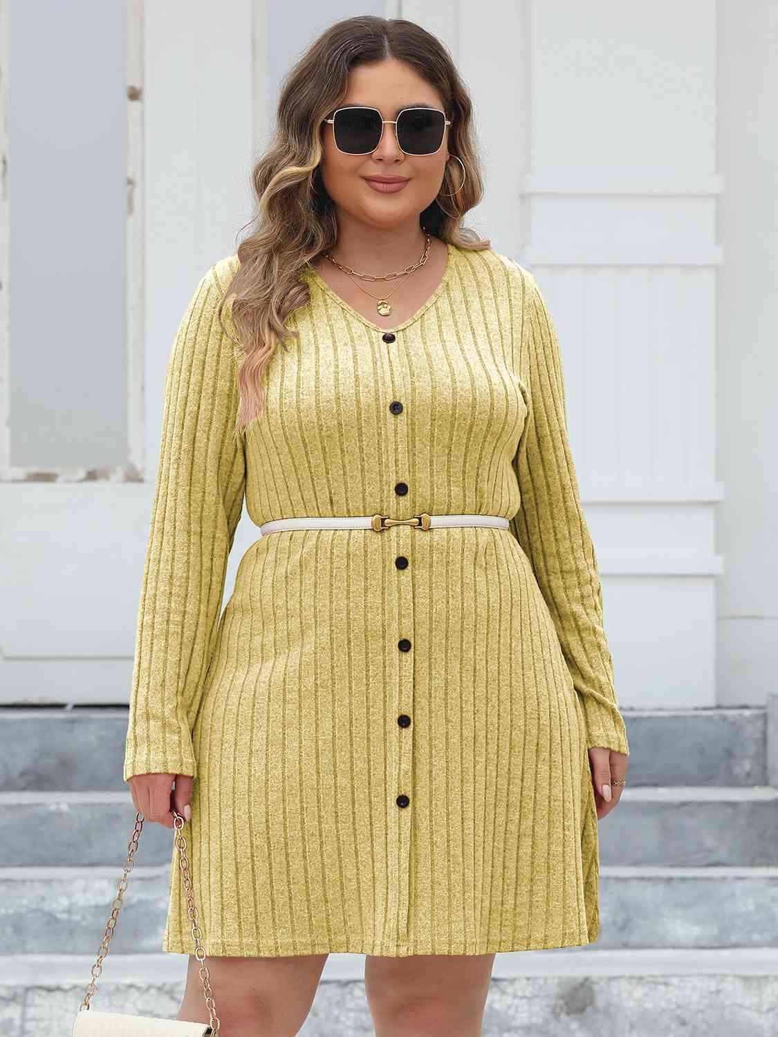 Ribbed Buttoned V-Neck Long Sleeve Dress