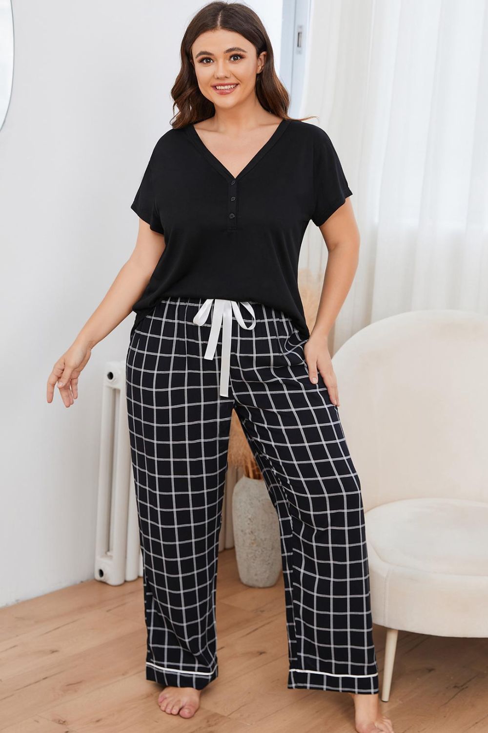 V-Neck Top and Plaid Pants Lounge Set