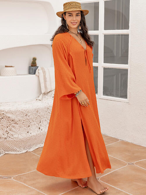 Tie Neck Long Sleeve Slit Dress