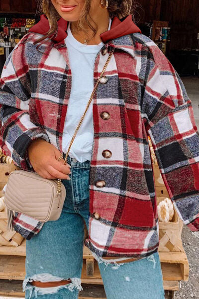 Plaid Button Up Hooded Jacket